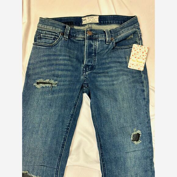 Free People Distressed Fishnet-Inlet Skinny Jeans Tupelo Blue 25 - Picture 11 of 16